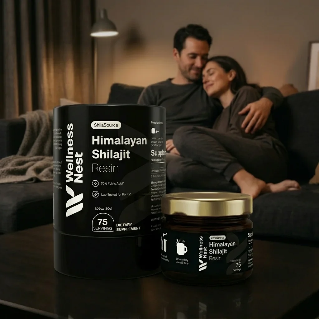 Coppia che si rilassa con il prodotto Wellness Nest Shilajit Himalayano ShilaSource