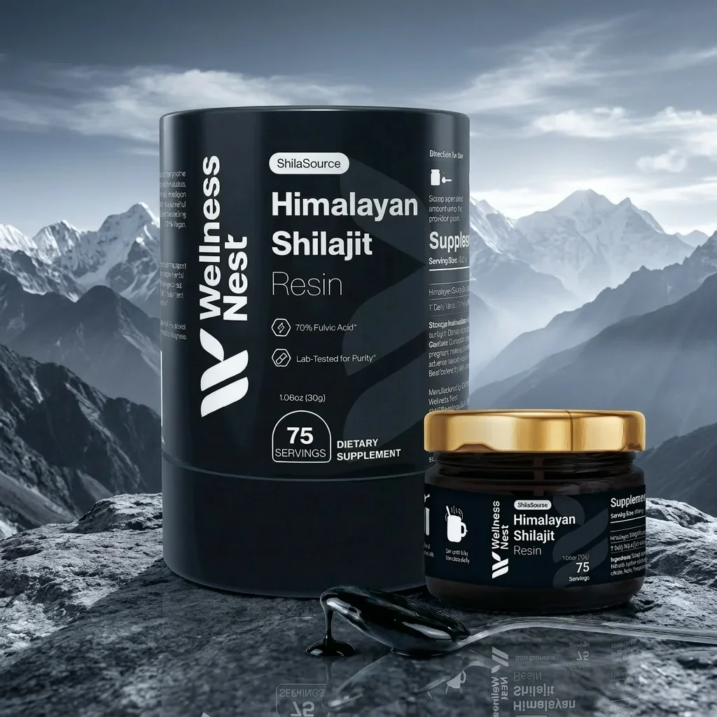 Prodotto Shilajit Himalayano ShilaSource di Wellness Nest con sfondo montagne dell'Himalaya